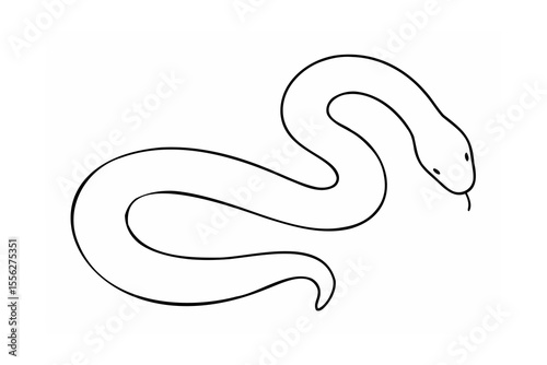 Black and white one line drawing of a snake with tongue on white background