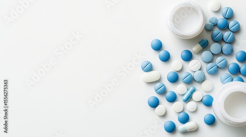 Close-up shot displays spilled light blue pills around a white bottle on a white surface under bright lighting for a clean medical display.
