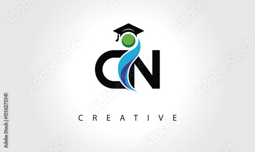 CN Creative Letter Logo with Graduation Cap and Abstract Human – Modern Education and Learning Symbol Design