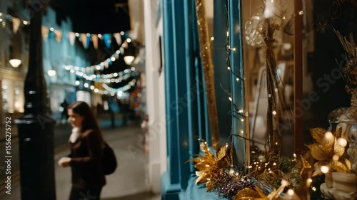 A busy street at night, decorated with Christmas lights and garlands. The atmosphere of celebration and bustle. A shop window with festive illumination, in the background - a blurred city street.