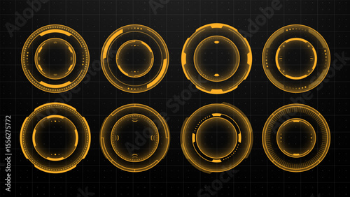 Set of yellow hud circles with different shapes for ui and ux design. Futuristic callout vector illustration with digital elements.