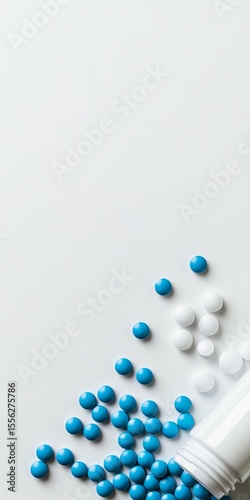 Top view reveals blue pills spilling out of an open pill bottle on a sterile setting; healthcare and medicine are highlighted.