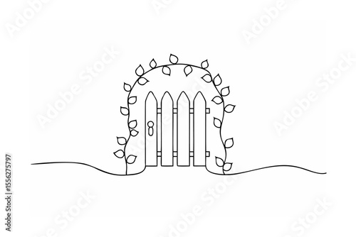 Black line drawing of a picket fence with leaves and a door