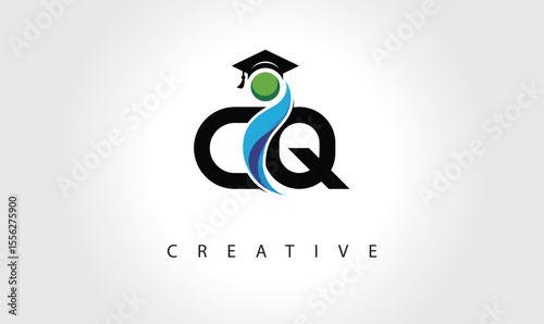 CQ Creative Letter Logo with Graduation Cap and Abstract Human – Modern Education and Learning Symbol Design