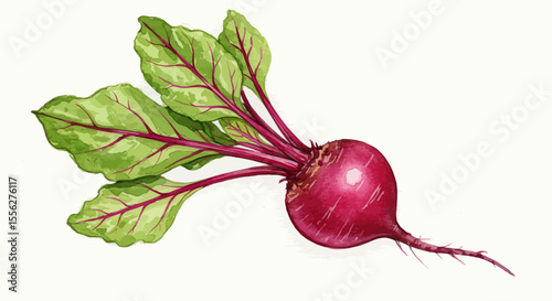 A Vibrant Watercolor Painting Showcases A Single Beetroot With Its Green Leaves And Dark Red Veins Against A Stark White Backdrop Emphasizing Natural Beauty