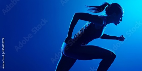 Athletic sportswoman in a dynamic running stance under blue lighting, displaying intense focus and boundless energy during a sprint race.