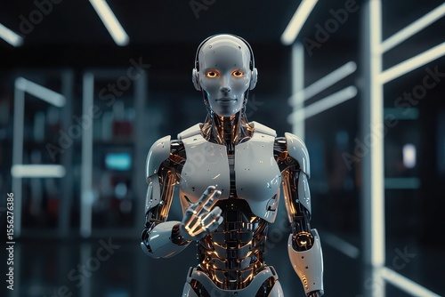 futuristic cyber woman with hands on head