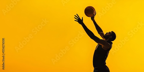 The basketball athlete's silhouette is accentuated by a bold yellow backdrop as he executes a dramatic action shot for his impressive dunking move.