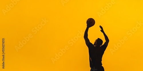 A basketball player's dynamic silhouette is captured mid-dunk, showcasing powerful movement against a vibrant yellow background in an indoor sports setting.