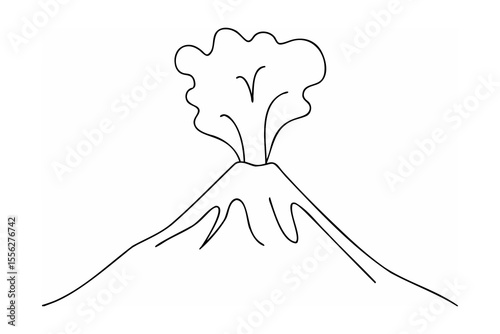 Black Line Drawing of a Volcano Erupting with Smoke on White Background