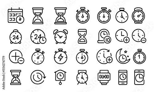 Time Line Editable Icon Set, thin stroke outline clock, stopwatch, timer, hourglass, alarm, quick time symbol, countdown, deadline management, vector illustration, punctuality, watch.