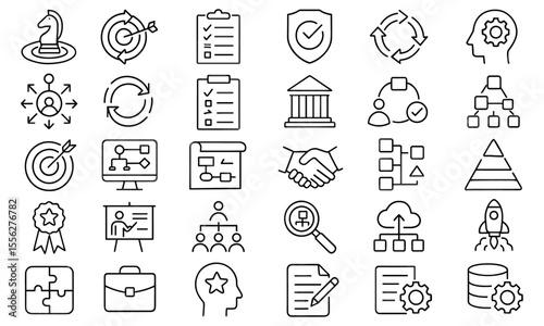 Business Architecture Line Editable Icons Set, vector illustration of strategy, methodology, enterprise structure, regulation, process, development, project, management, organization