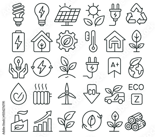 Energy efficiency icons set, ecology symbols, electricity, sustainable concept, green light bulb, eco house, power saving, cost reduction, editable vector illustration, environment, innovation.
