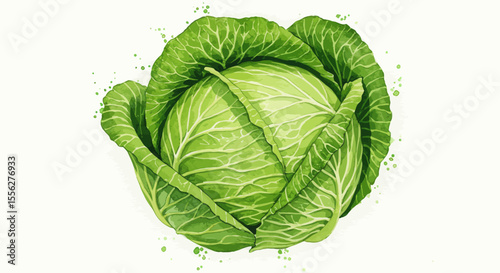 Watercolor Vector Illustration Of A Fresh Green Cabbage Head Featuring Intricate Details And A Vibrant Aesthetic Against A Clean White Background