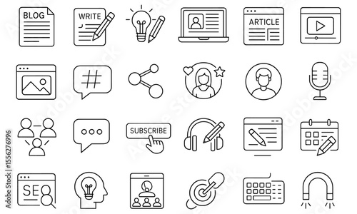 Blogging editable icon set, video, influencer, content, camera, social media, website, communication, marketing, fashion, thin line style, vector illustration, modern web icons, tech.