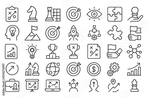 Strategy Line Editable Icons Set, thin outline vector illustration of tactics, vision, planning, solution, business growth, marketing, presentation, finance, goal, success, infographic, pictogram.