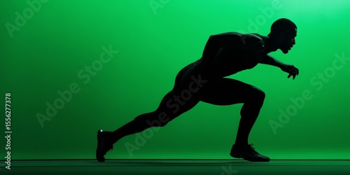 A dynamic athlete sprints in silhouette against a vibrant green backdrop, showcasing speed and focus during track and field competition.