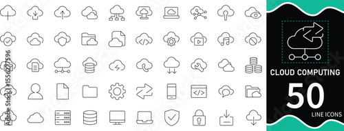 Cloud Computing Line Icon Set 50 Cloud Storage, Server, Backup, Network & Data Security Icons.