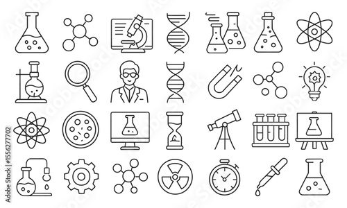 Science editable icon set, vector illustration of laboratory, research, microscope, scientist, molecular structure, biology, DNA analysis, chemistry, innovation, medicine, experiment, equipment.