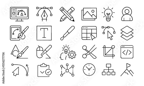 Graphic Design Line Editable Icons Set, vector illustration of creativity tools, typography, web design, sketching, editing, painting, color palette, studio, software, infographic symbols.