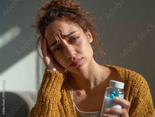 Weariness & Worry: A portrait of a woman burdened by stress, she holds a bottle of pills, her facial expression and body language conveying a sense of weariness, stress, and health-related struggles.