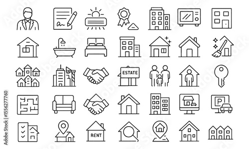 Rental Estate Editable Icons Set, property, apartment, bungalow, commercial house, contract, real estate search, agent, plan, house key, relocation, icon pack, vector illustration.