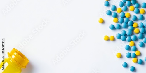 Scattered blue and yellow tablets next to a yellow pill container on a white surface symbolize medical prescription drugs.