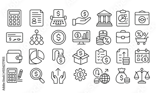 Budget Line Editable Icons Set, vector illustration of accounting, finance, budgeting, bookkeeping, income, tax, money, investment, profit, dashboard, planning, capital, chart, diagram.