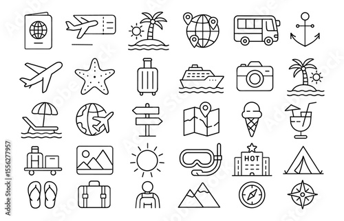 Vacation Line Editable Icons Set, vector illustration in modern thin style with travel, tour, summer holiday, transportation, map, hotel, plane, island, beach, passport, tourism symbols.
