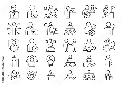 Leadership Line Editable Icons Set, Vector Illustration in Thin Outline Style, Management, Responsibility, Delegation, Teamwork, Success, Strategy, Career Growth, Business Icons, Achievement.