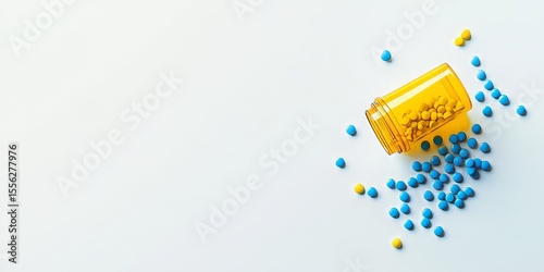 Blue and yellow pills spill from a yellow medicine bottle against a clean white background, suggesting medication for health treatment.