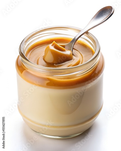 eye level view of Doce de Leite in glass jar with spoon on white background