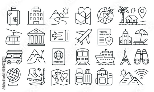 Travel Line Editable Icons Set, vector illustration of vacation, tourism, suitcase, tourist transport, map, summer, holiday maker, journey, sightseeing, palm tree, camping, island, beach, trip.