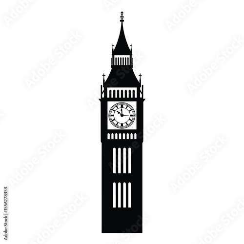 Big Ben Clock Tower Silhouette London Landmark Black and White Illustration