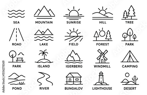 Landscape Line Editable Icons Set, nature and environment thin outline pictograms of river, lake, sea, forest, tree, mountain, field, lighthouse, desert, countryside, vector illustration.