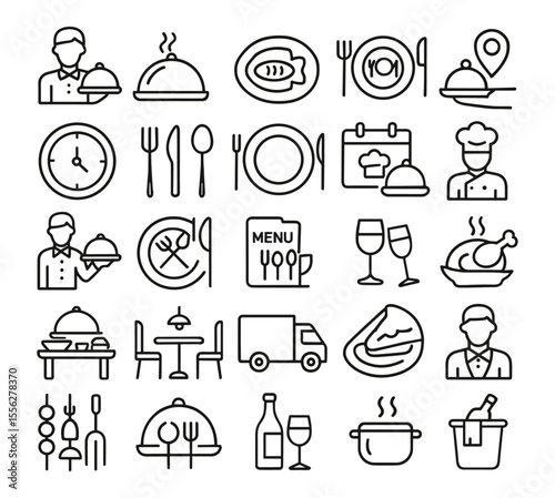 Catering line editable icons set, food service, dinner, table setting, meal, buffet, restaurant tray, chef, waiter, vector illustration, nourishment, cooking, hospitality, utensil, dishware.