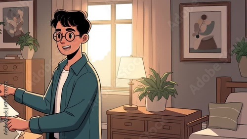 Young Architect Explaining Blueprint in Cozy Home Office, Cartoon Style Animation
