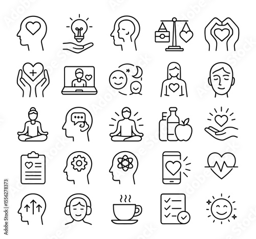 Wellness Line Editable Icons Set, vector illustration in thin line modern style of self-care, mental health, meditation, skincare, sleep, routine, therapy, spa, positivity, lifestyle, health care.