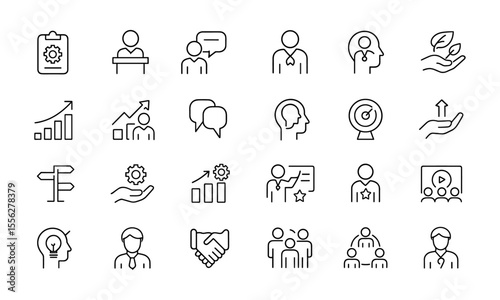 Training and Coaching Line Editable Icon Set, teamwork, leadership, employee growth, business development, learning support, career success, vector illustration, management, mentor, workshop.