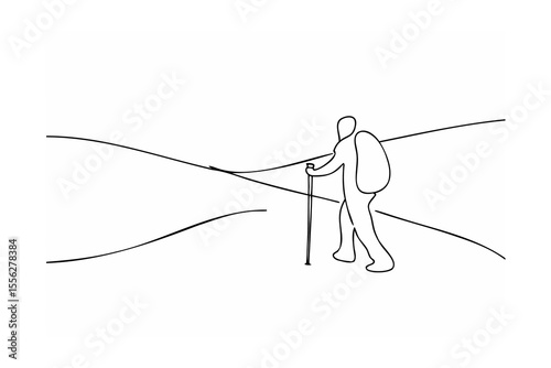 Black Line Drawing of Hiker Walking on a Mountain Path with Backpack and Poles