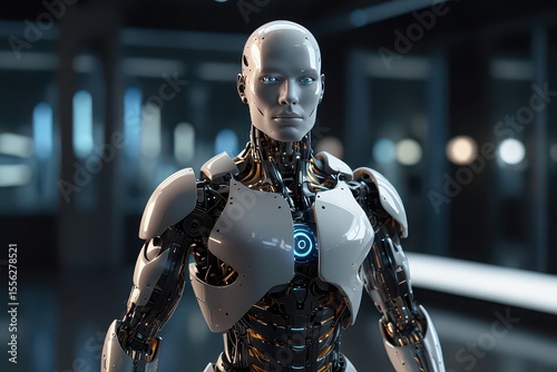 futuristic cyber woman with hands on head