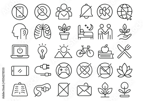 Digital Detox Line Editable Icons Set, no phone, no computer, no social media, unplug, notification off, walk in nature, sleep well, mental health awareness, vector illustration.