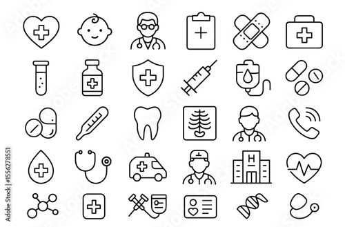 Healthcare Line Editable Icons Set, medical, lifestyle, doctor, mental health, unplug, mobile detox, sound off, no phone, rest, infographic, thin symbol, vector illustration, wellness, computer