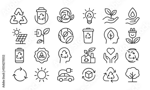 Recycling Line Editable Icons Set, vector illustration of eco symbols including reuse, green energy, earth care, waste reduction, environmental protection, sustainability, infographic icons.