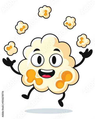 Playful and Cheerful Popcorn Character Juggling Kernels in a Fun and Entertaining Concept Perfect for Movie Snack Themes