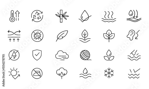 Fabric Features line editable icon set, textile thermo membrane, recycled bamboo, antibacterial, waterproof, breathable, silk, wool, synthetic, biodegradable, insulated, soft, resistant,