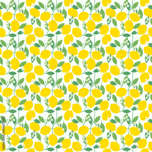 Summer seamless pattern with whole lemons, branches and flowers.