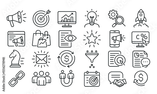 Marketing icon set, advertising, market research, optimization, communication, strategy, e-business, email, client engagement, website monitoring, global business, vector illustration.