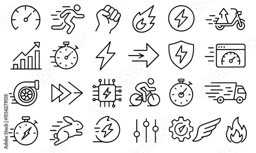 Speed Editable Icons Set. Vector illustration in thin line style of productivity icons: fast, boost, rocket, stopwatch, turbine, energy, racing, arrow, png, modern business infographic.