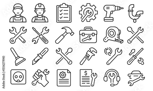 Repair Service Editable Icons Set. Vector illustration in modern thin line style of tools, gear, wrench, hammer, mechanic, document, setup, restoration, spanner, improvement, maintenance